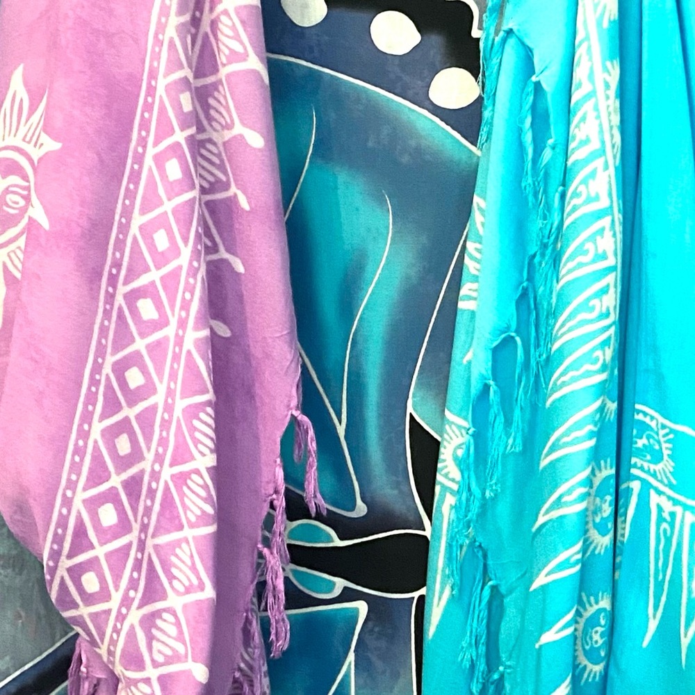 2  Rayon Sarong, Table Cover, Curtain, Shawl with Tassels! Colorful, Soft, NEW!